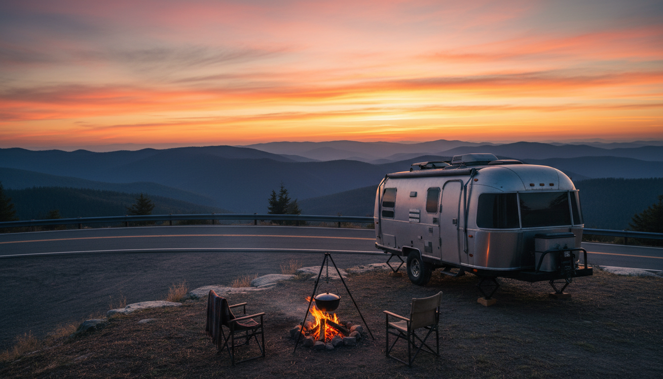 RV at a mountain overlook at sunset with a campfire and camp chairs